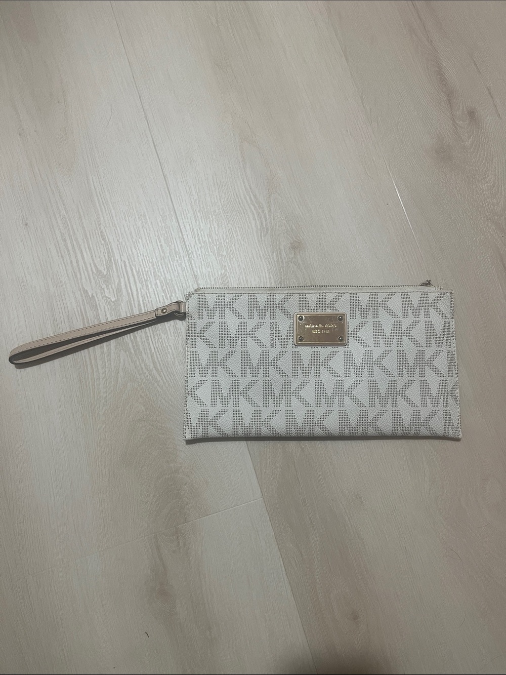Michael Kors Beige and White MK Logo Wristlet Clutch